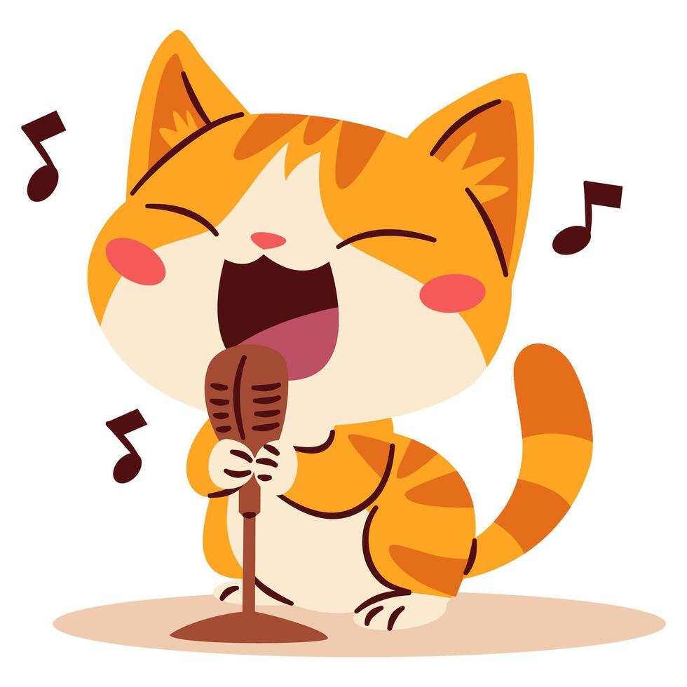 Flat illustration in a simple children's style. Cute ginger kitten singing into microphone, notes vector