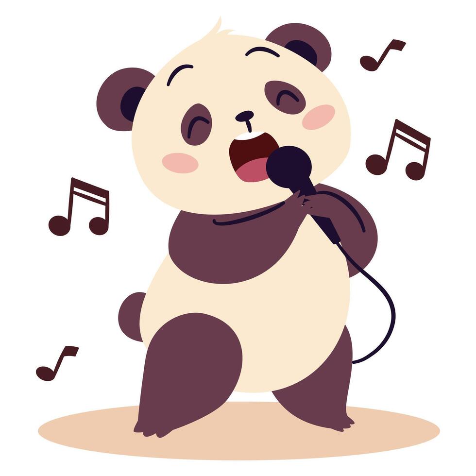 Flat illustration in a simple children's style. Cute panda singing in microphone, notes vector