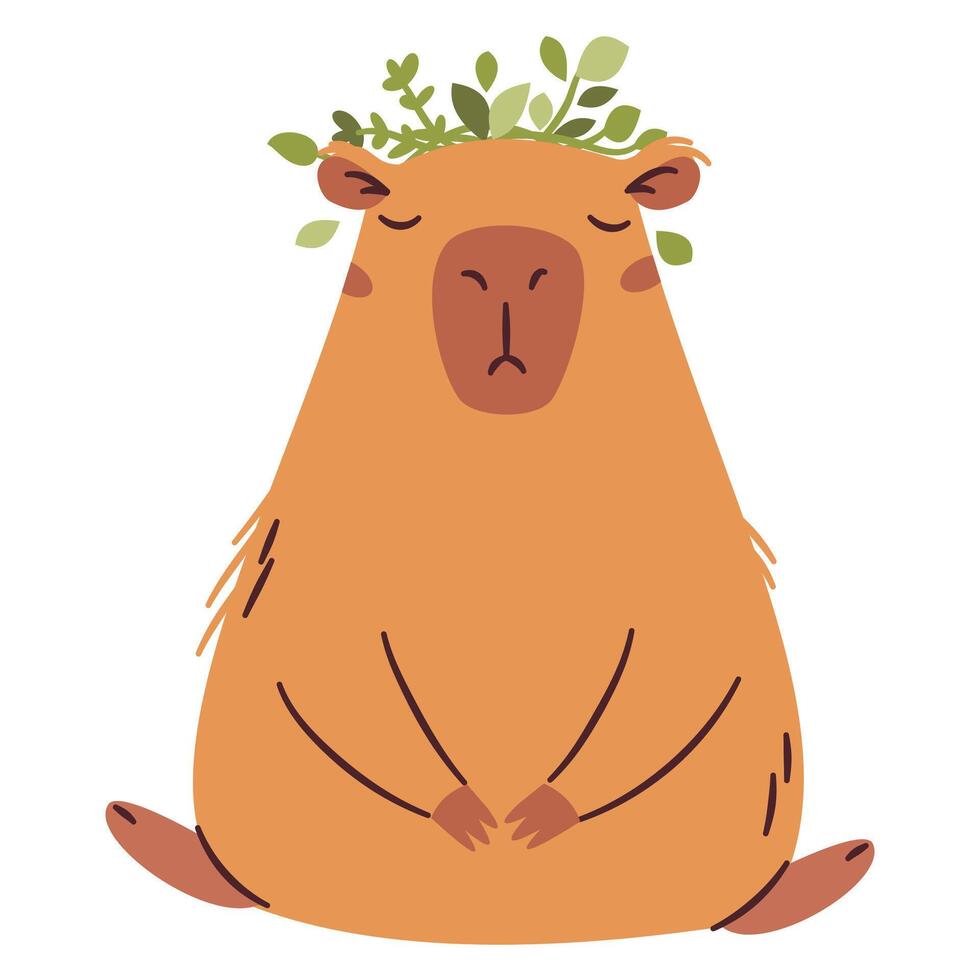 Flat illustration in a simple children's style. Cute capybara sitting in a relaxed pose with a wreath on his head, yoga and meditation vector