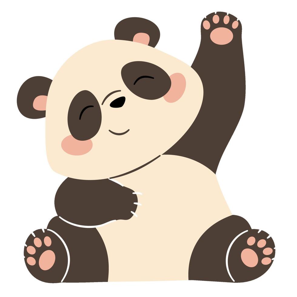 Flat illustration in a simple children's style. Cute panda waving his paw and smiling vector