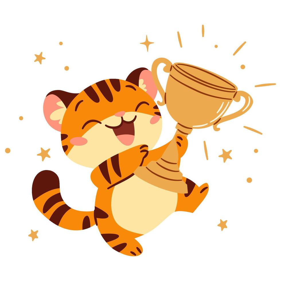 Flat illustration in a simple children's style. Cute tiger cub happy to win, first place and winner cup. vector