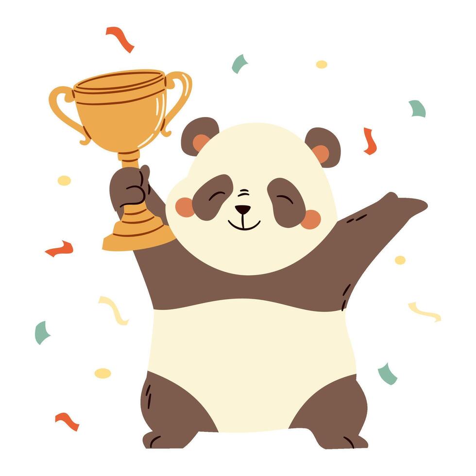 Flat illustration in a simple children's style. Cute panda is happy to win, first place and winner's cup vector