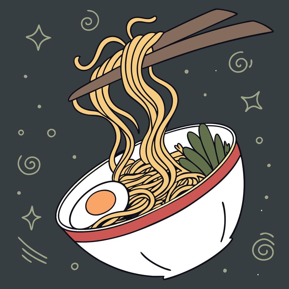 a bowl of noodles with chopsticks and an egg vector