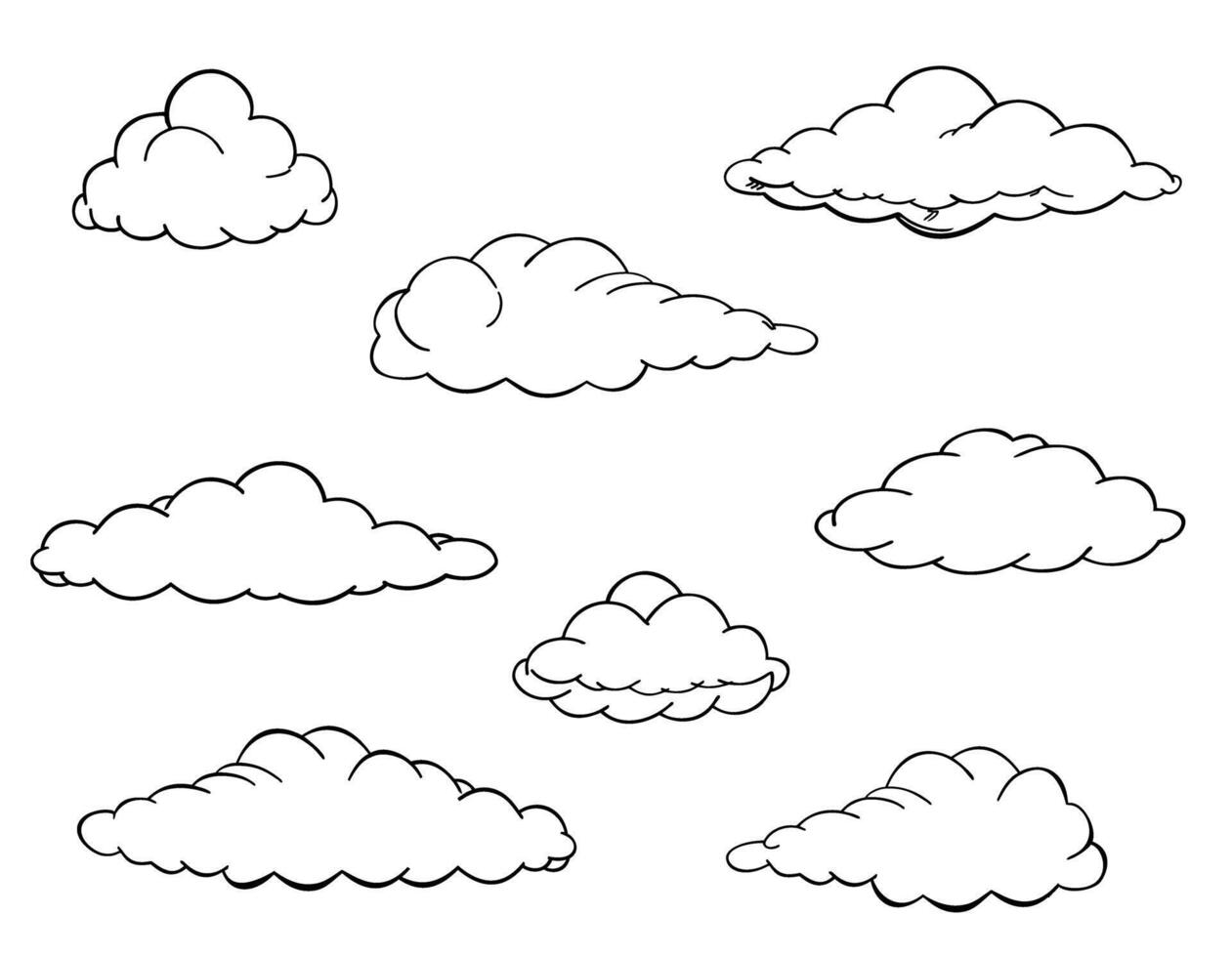 Hand drawn clouds set. Clouds of various shapes in line style. Set of clouds in sketch style. Cartoon design elements vector