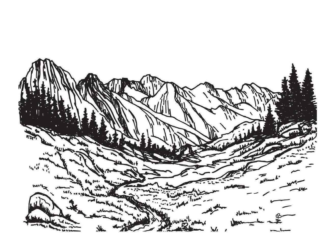 Hand drawn landscape with mountains, trees in the mountains. Mountains landscape sketch. Alpine landscape. Panoramic view of ridges and forest vector