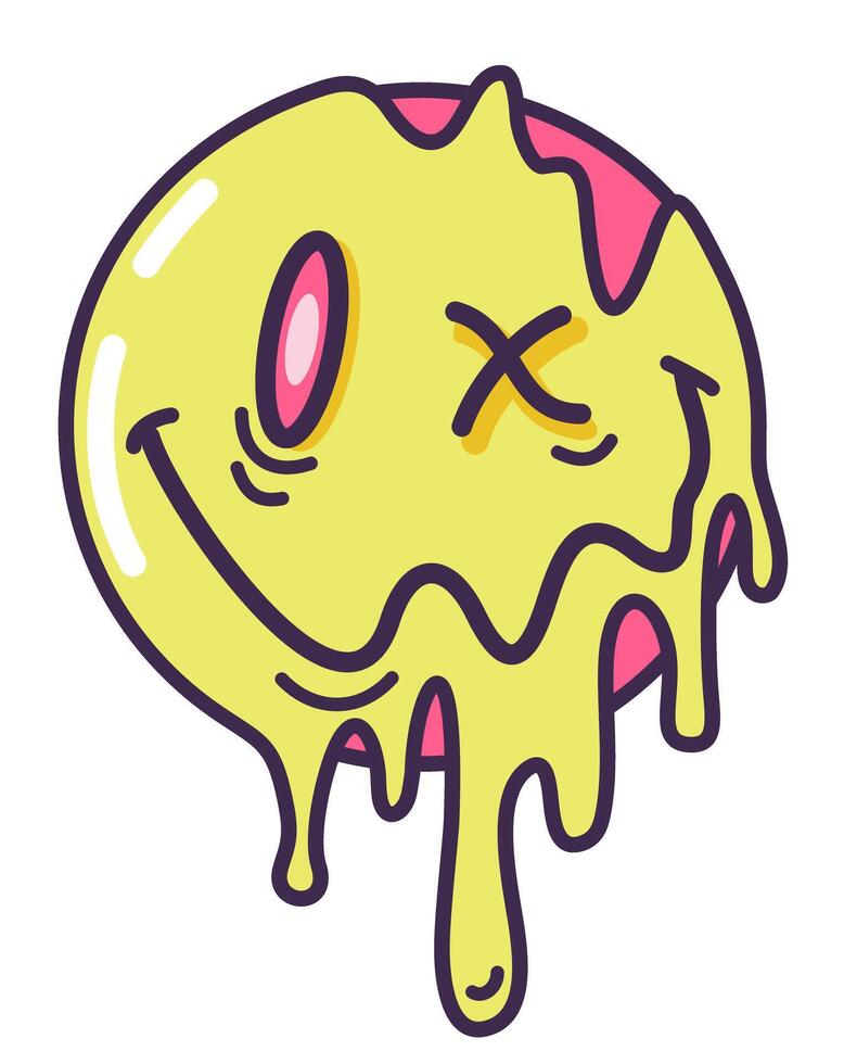 Melting smile. Melt emotions illustration. Funny surreal techno melt smile face logo. Dripping smile. Good mood vector