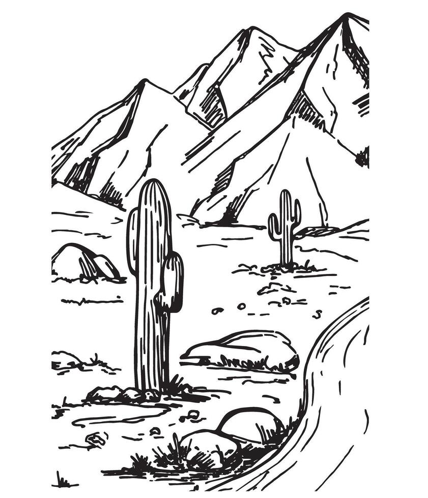 Sketch of the desert of America with cacti. Summer cactus on desert. Prairie landscape vector