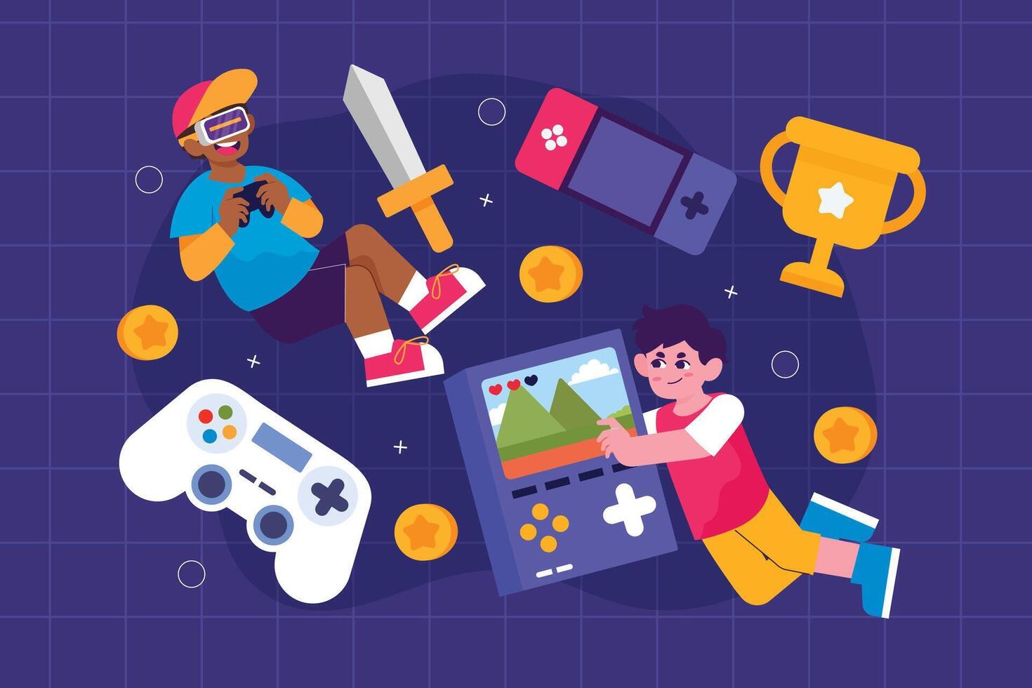 Two kids enjoying gaming activities with gadgets and game items in flat  illustration style 55317749 Vector Art at Vecteezy