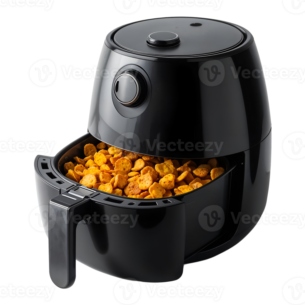 Black Air Fryer with Crispy Snacks on a Transparent Background png