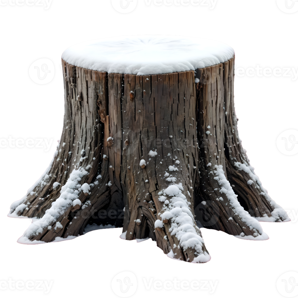 Snow Covered Tree Stump with Natural Wood Textures on Transparent Background png