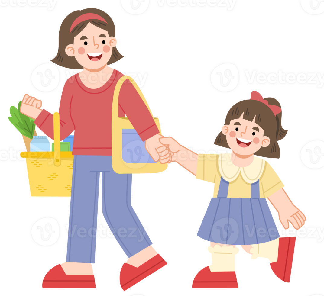 Illustration of mother and daughter shopping for groceries png