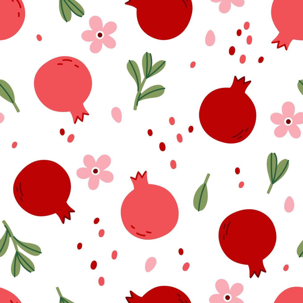 Simple seamless pattern with pomegranates, leaves and flowers on a white background. graphics. vector