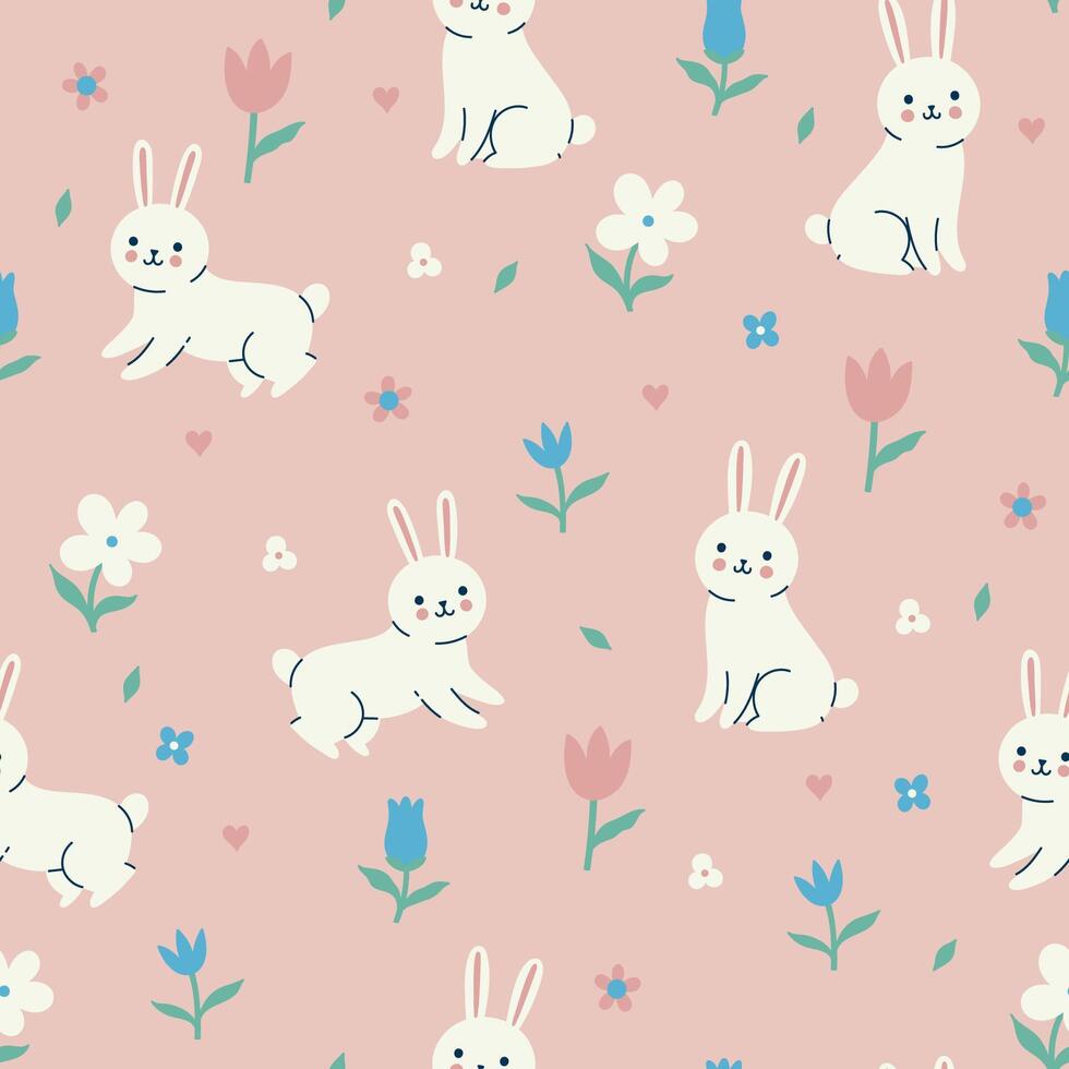 Simple seamless pattern with cute rabbits and flowers in pastel colors. graphics. vector
