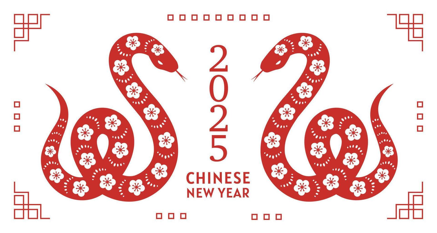 Chinese background with red twisted snake in floral ornament. Hand drawn illustration. vector