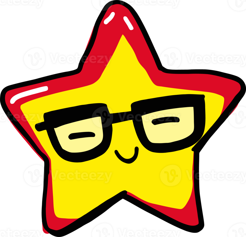 Cute Cartoon Star Wearing Glasses, Smiling Yellow Star with Red Outline png