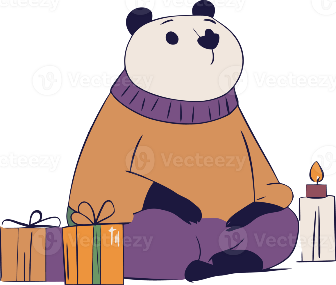 Cute Panda in Sweater Sitting with Gifts and Candle png