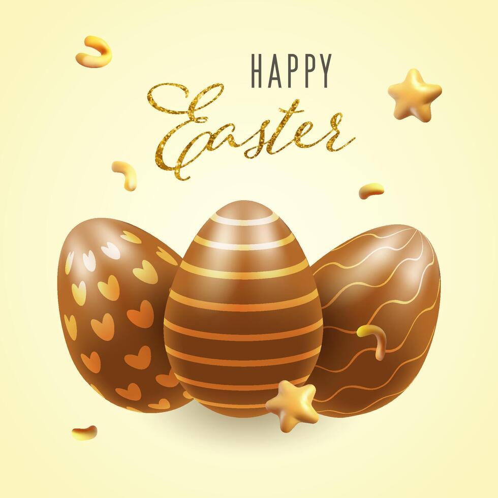 Chocolate easter eggs, banner, realistic 3d square. Stars, confetti illustration on transparent background vector