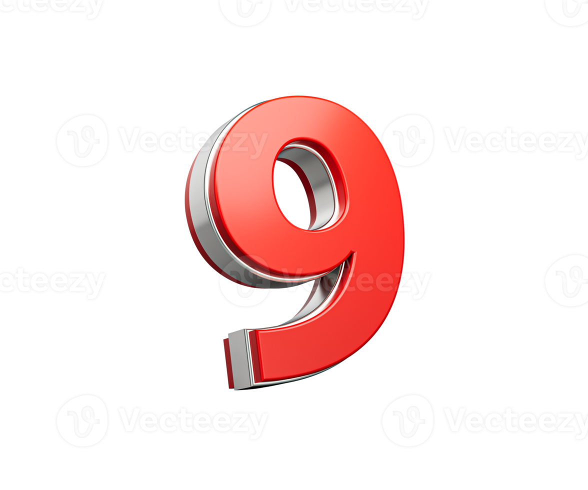 Bold Vibrant Red Number Nine Number 9 With Sleek Metallic Gleam 3D Illustration png