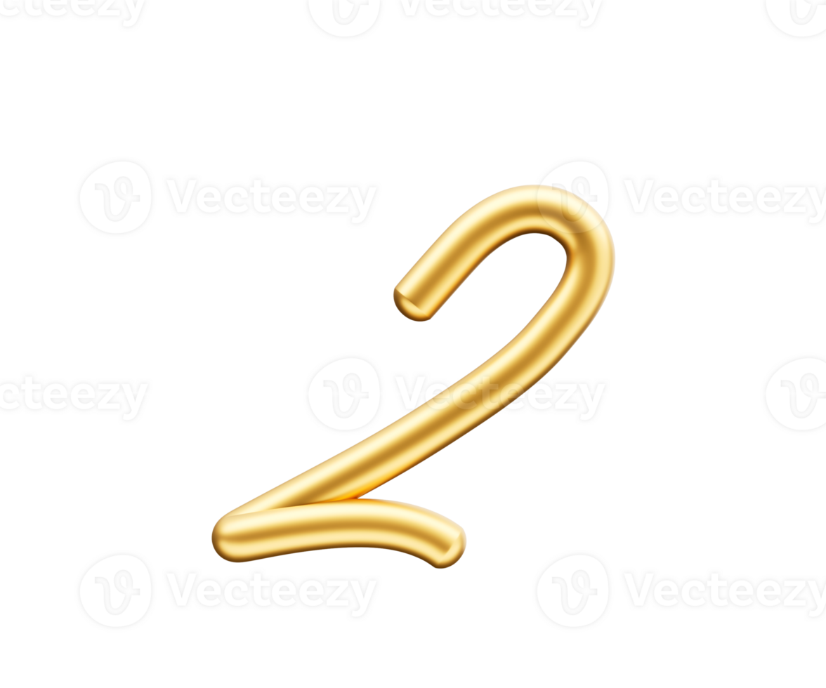3d Golden Shiny Digit 2 Number Two Rounded Inflatable Font White 3d Illustration png