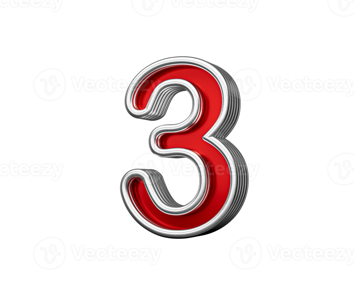 Vibrant Red Number Three 3 With Metallic Gleam And Beveled Edges 3D Illustration png