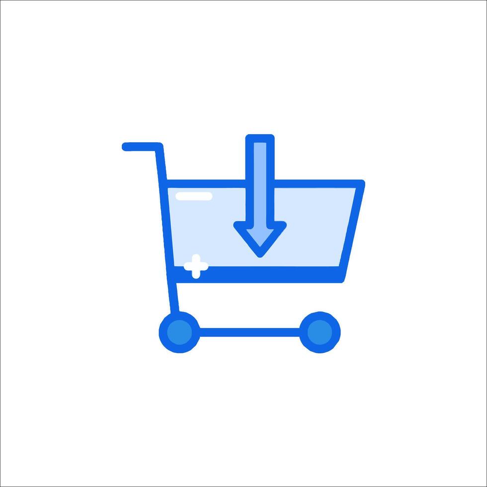 A shopping cart with an arrow pointing down vector