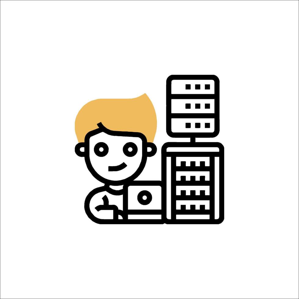 A man is working on a computer in a server room vector