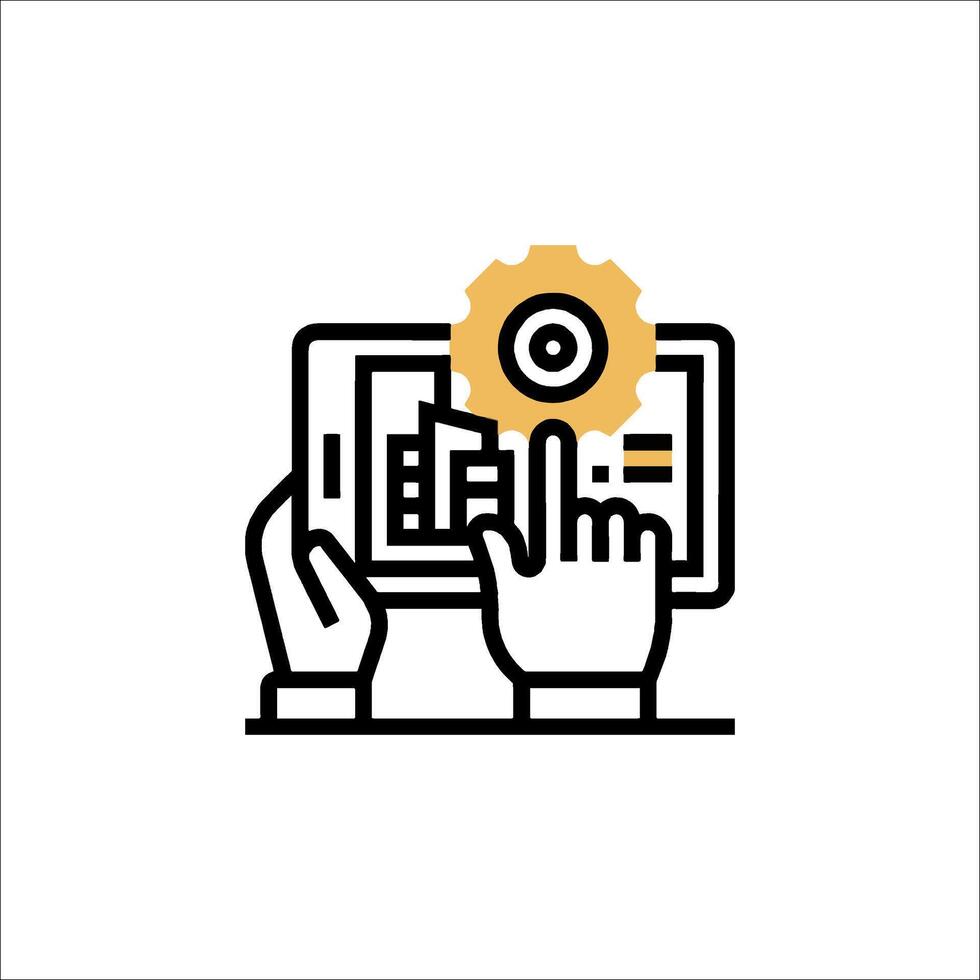 A person holding a tablet with a gear on it vector
