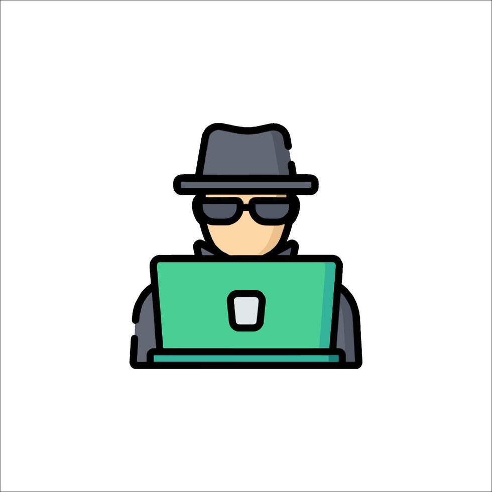 A man in a hat and sunglasses is using a laptop vector