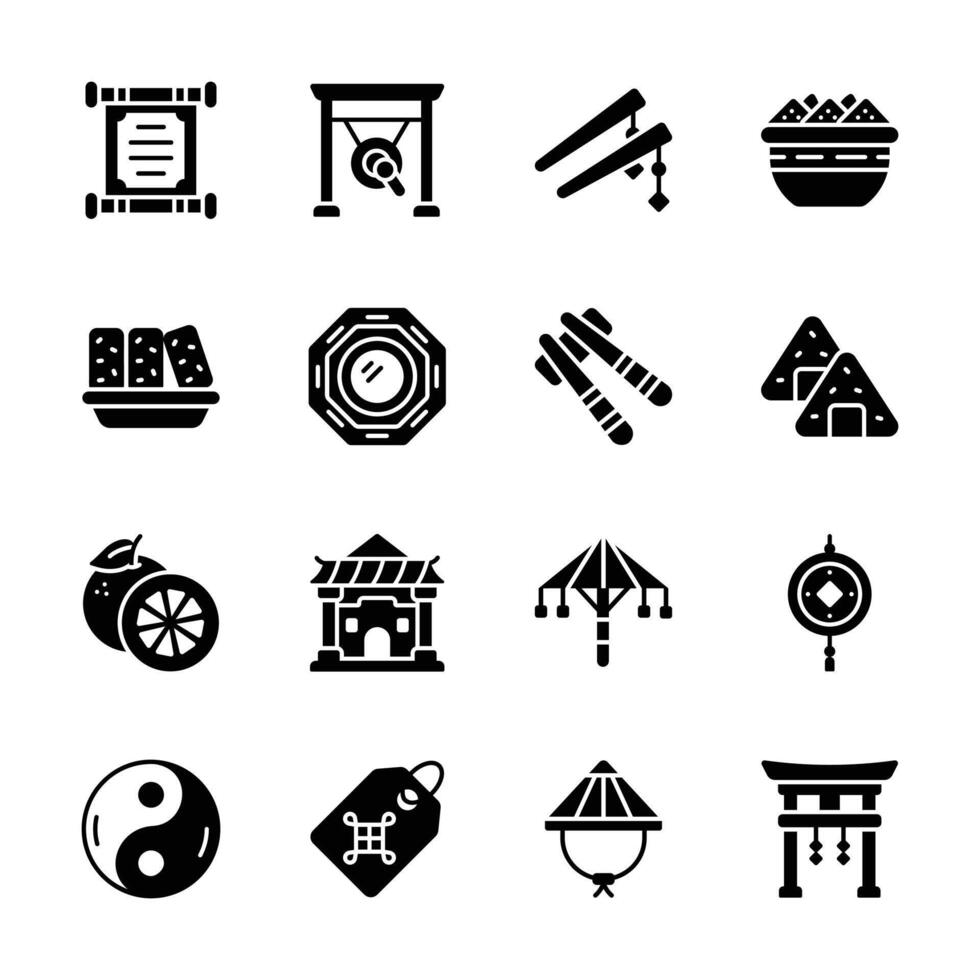 A collection of icons, depicting various aspects of Asian culture and traditions. vector