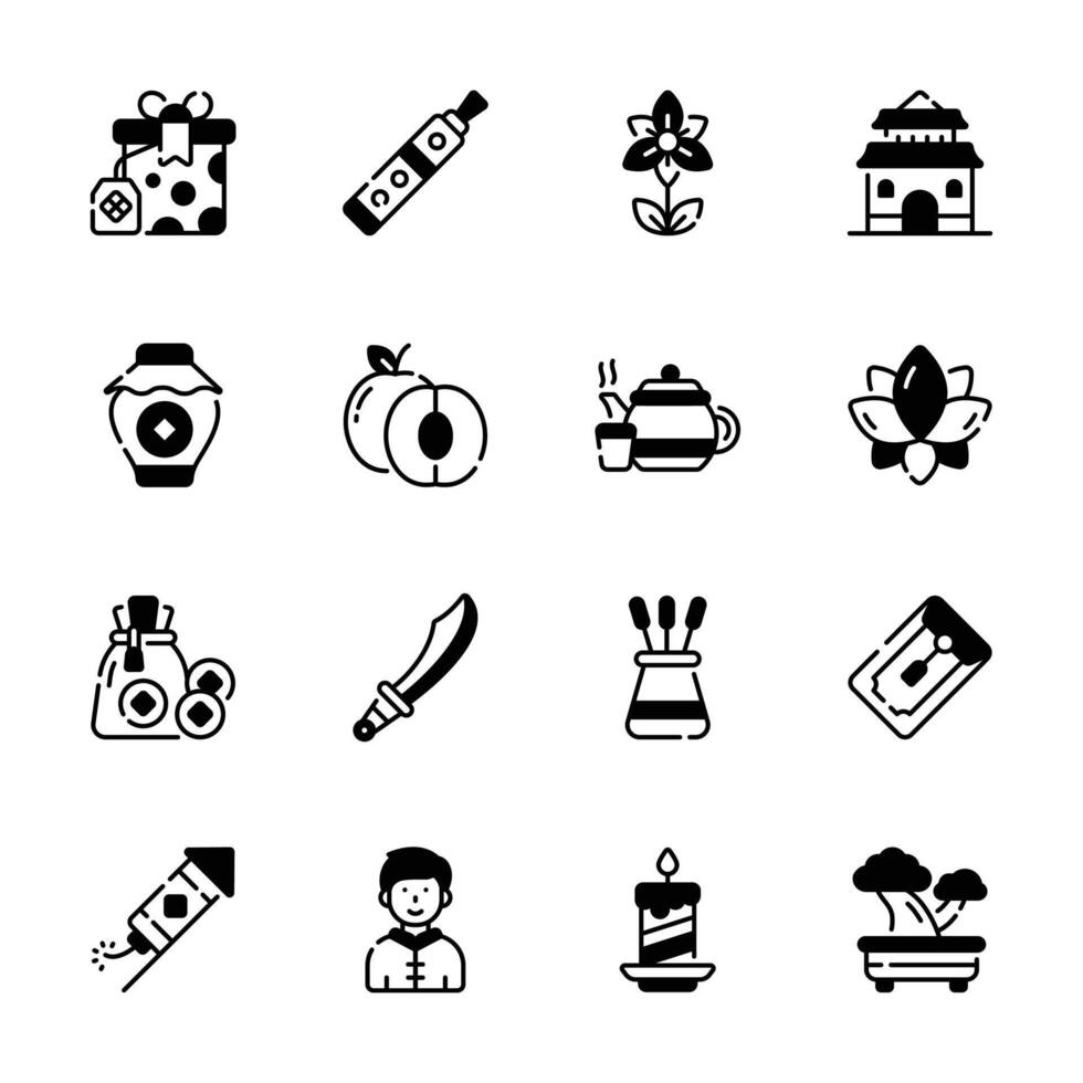 A collection of icons representing various traditions and symbols associated with Chinese New Year. ' vector