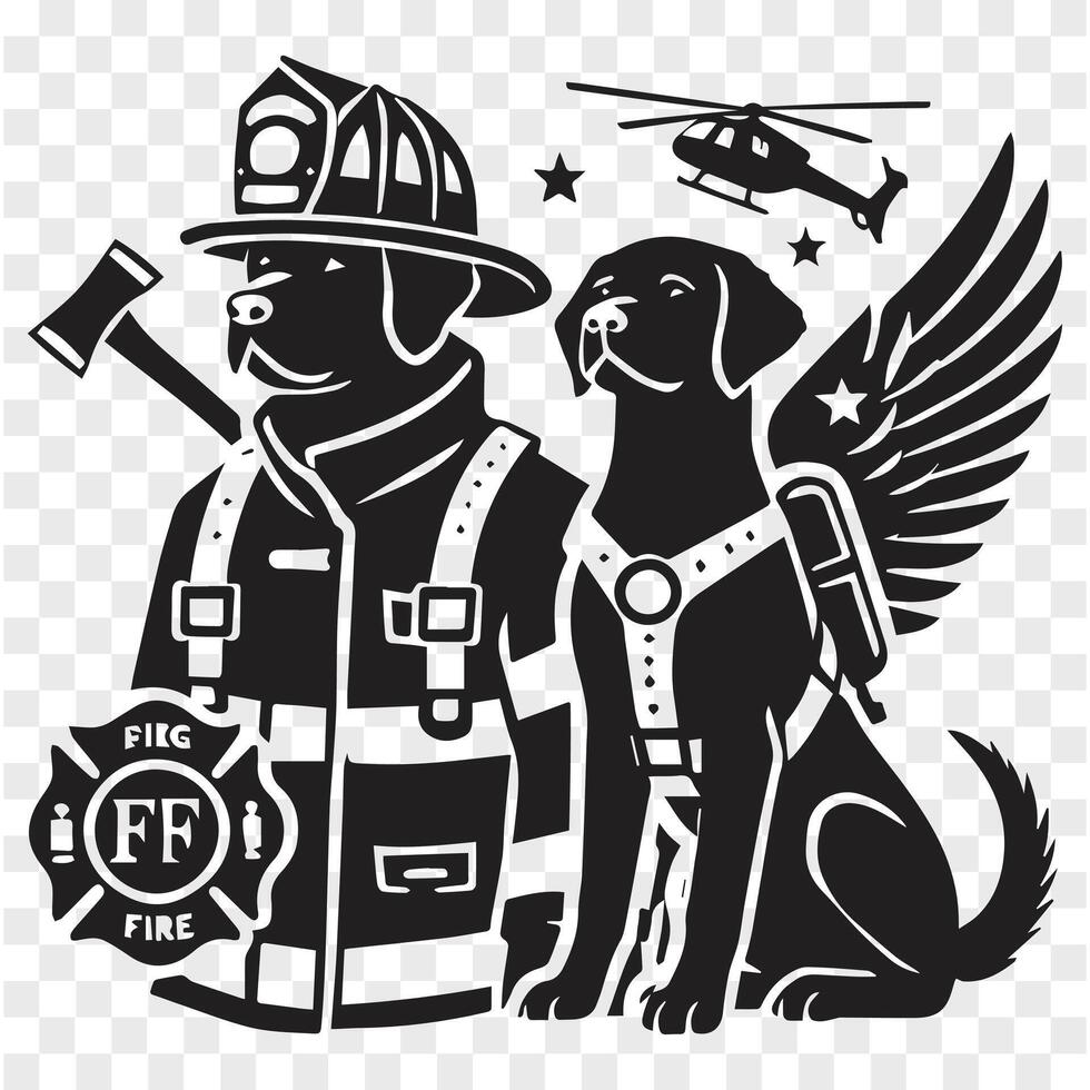 Black Silhouette Dog Firefighter in Action vector