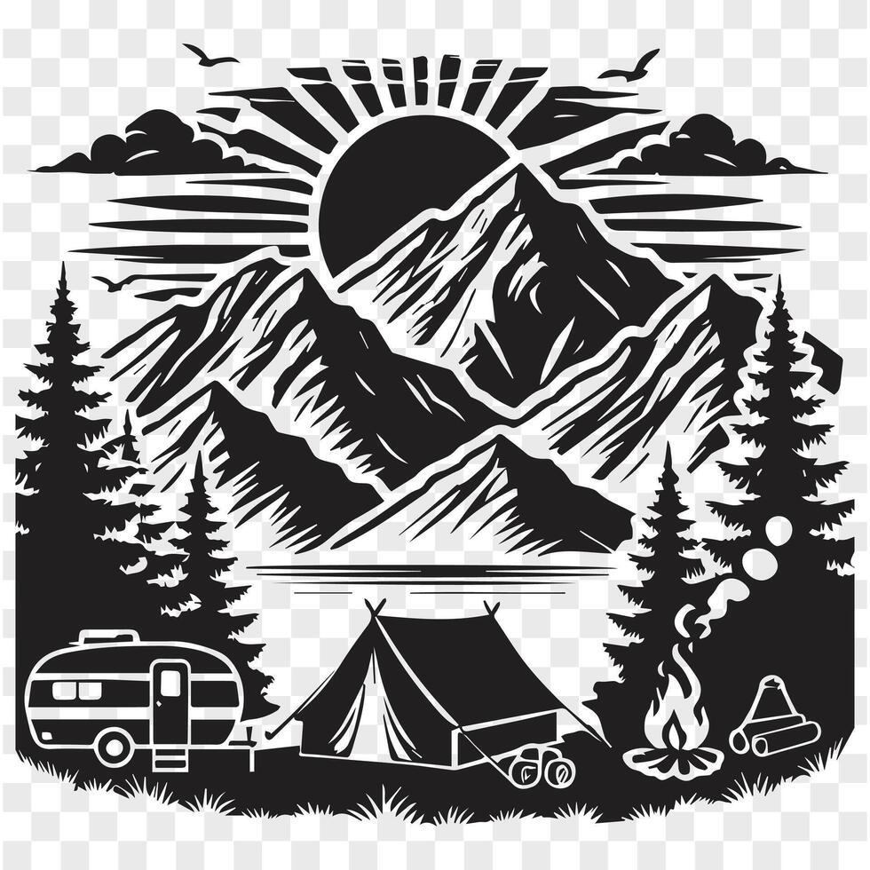 Campfire in the Mountains Silhouette Design vector