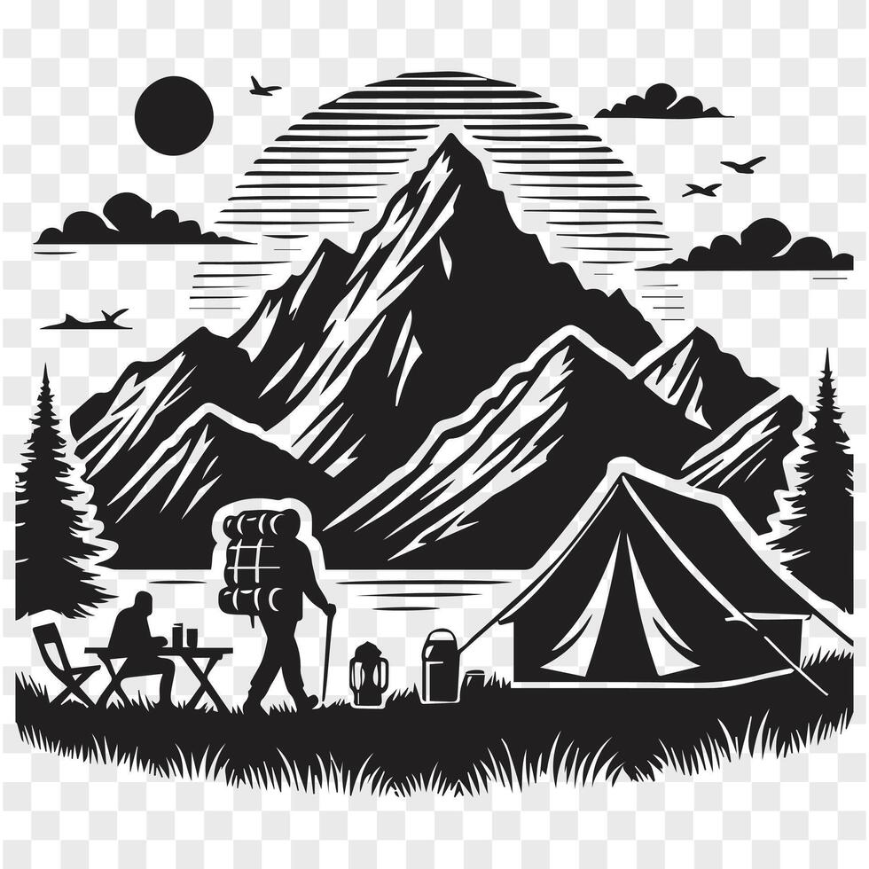 camping and hiking activities in a scenic outdoor setting with trees and mountains vector