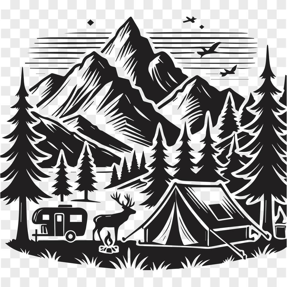 Waking to the Mountains Camping Silhouette vector