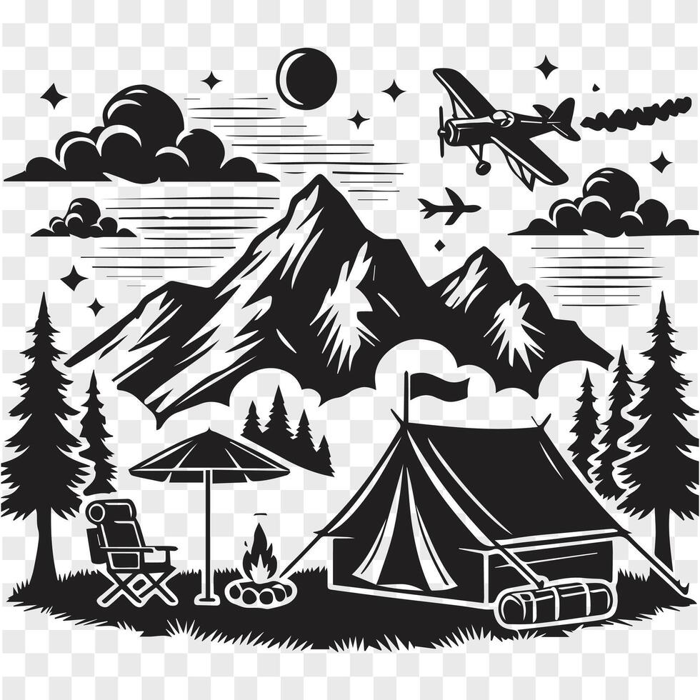 Mountainside Retreat Camping Silhouette vector