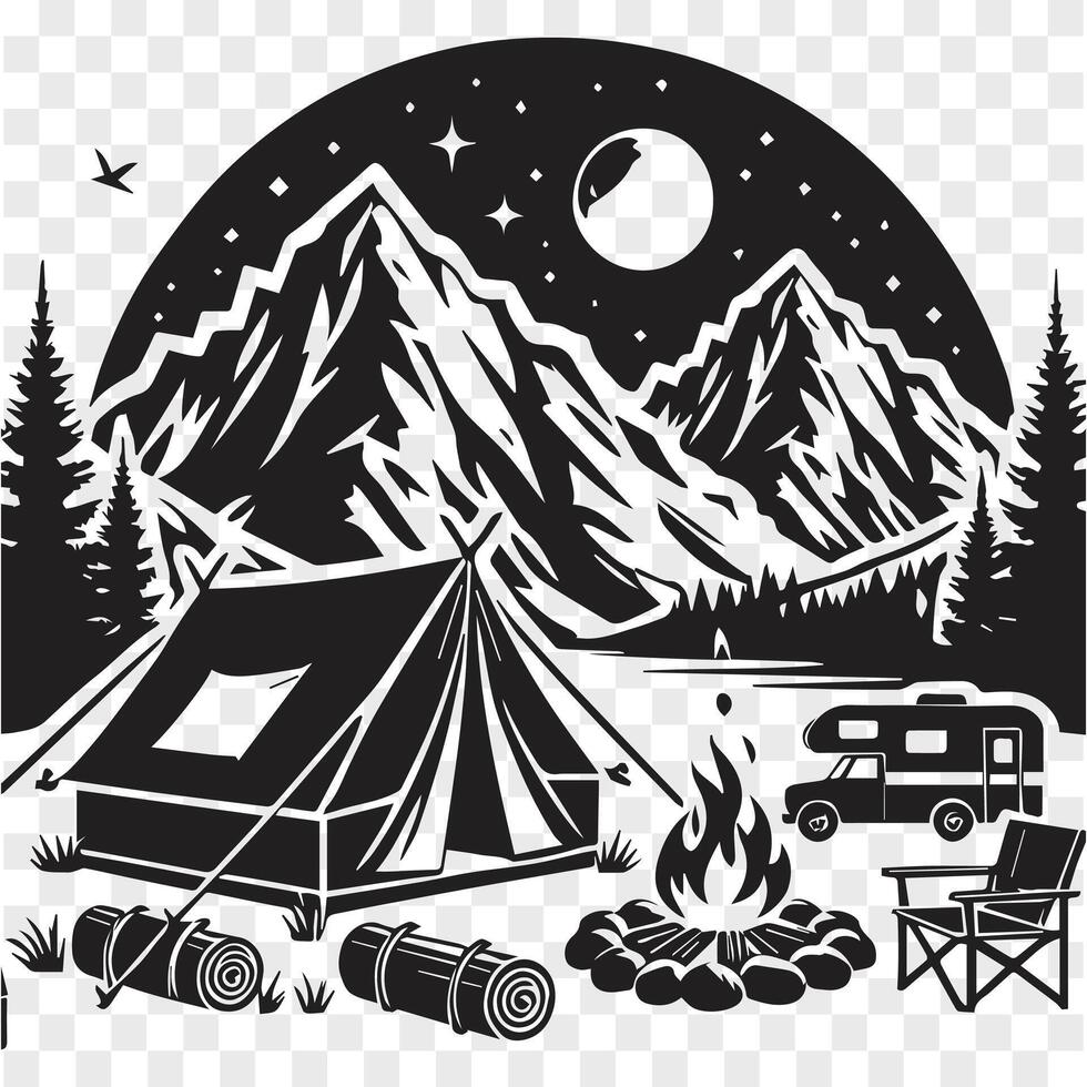 Starlit Mountain Camp Silhouette Adventure vector