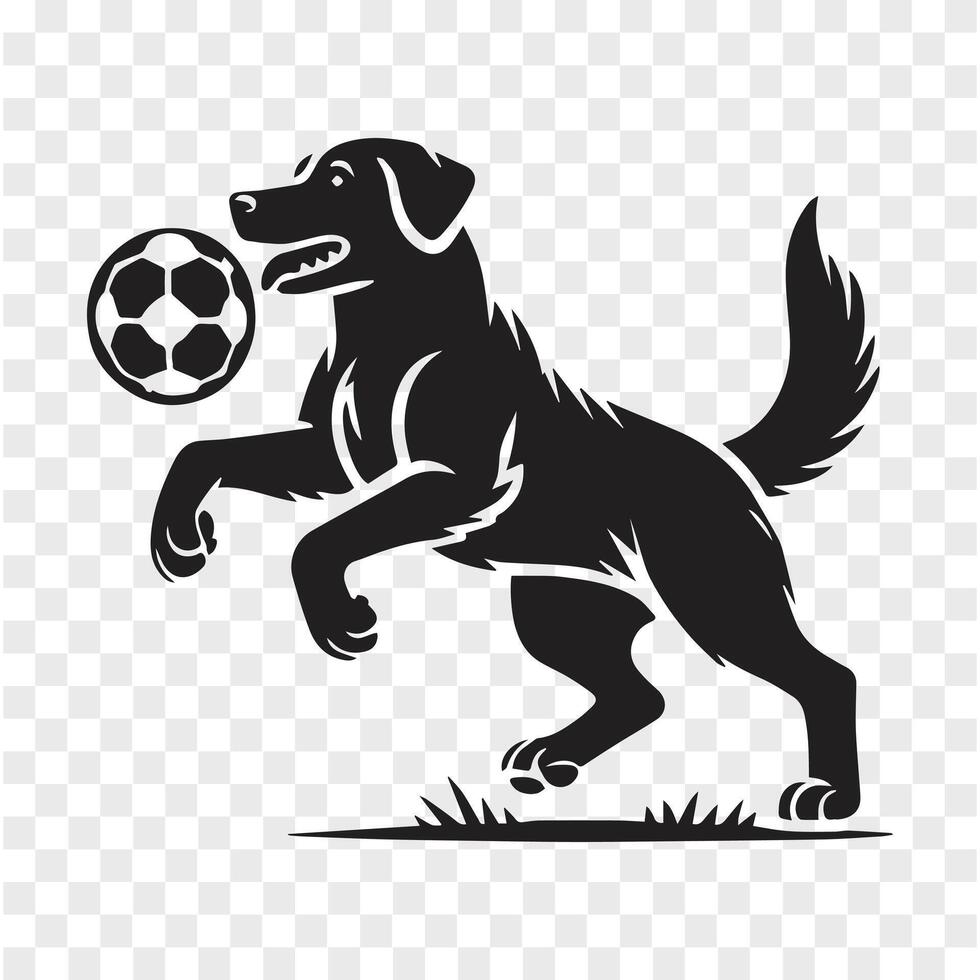 A black and white illustration of a dog leaping to catch a soccer ball vector