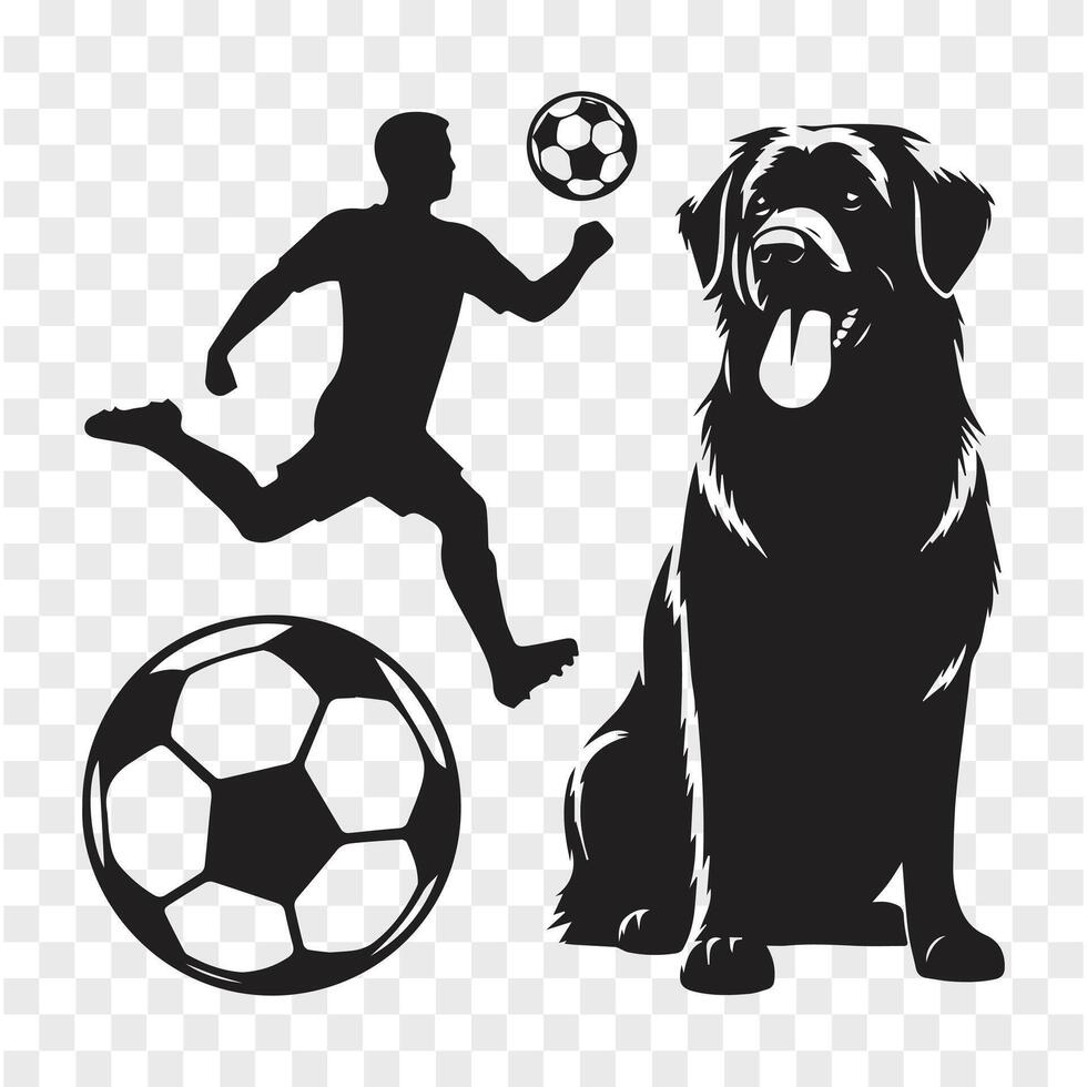A black and white illustration of a dog leaping to catch a soccer ball mid-air vector