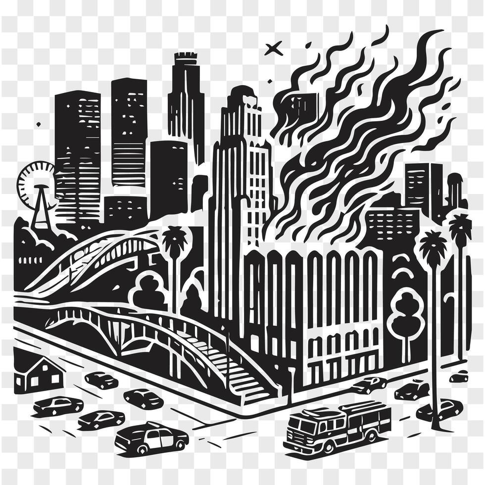LA Skyline on Fire Silhouette Art vector