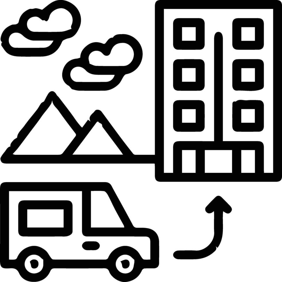 A black and white image of a van and a building vector