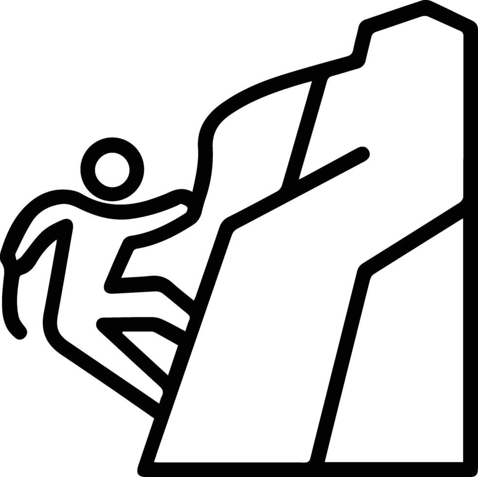 A black and white illustration of a person climbing a rock outline vector
