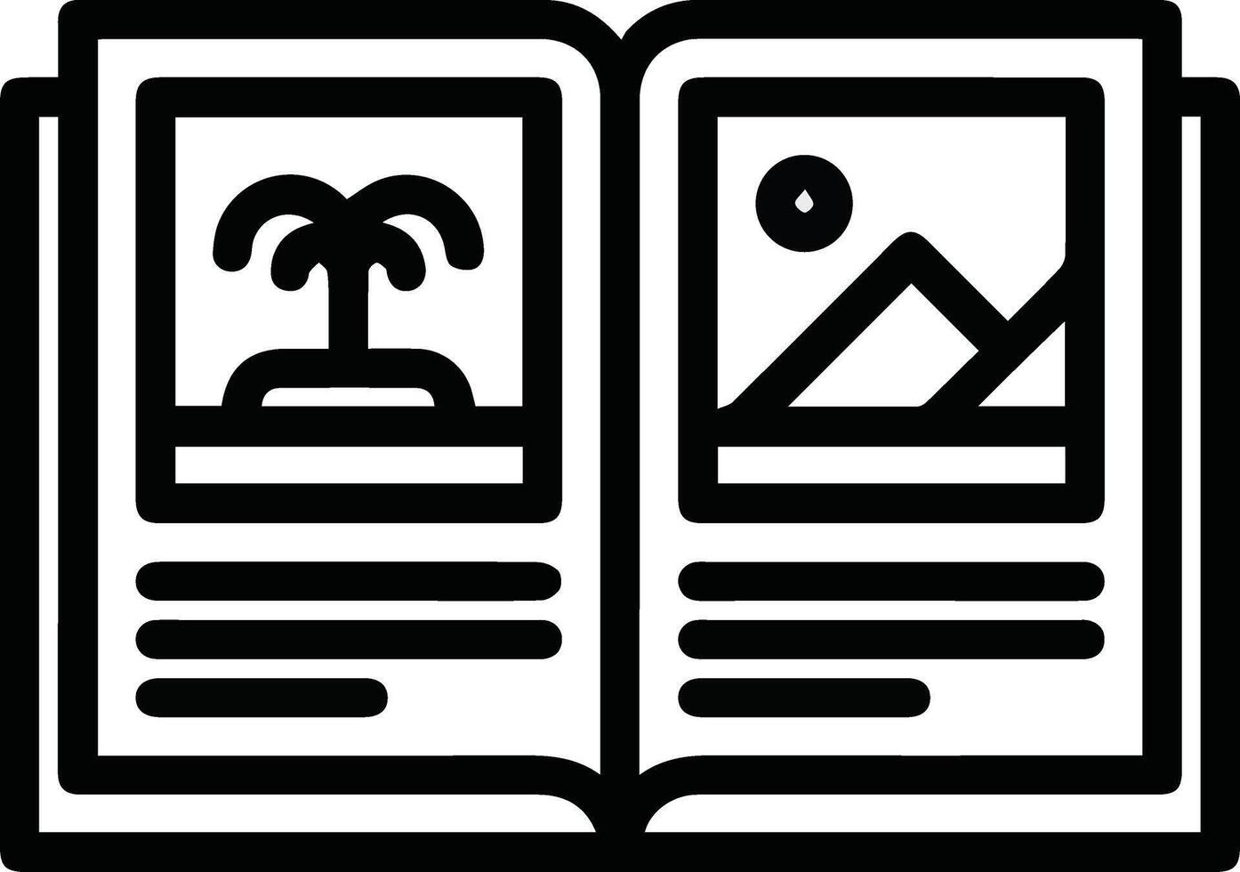 Illustration outline of a book containing pictures of mountain scenery and trees vector
