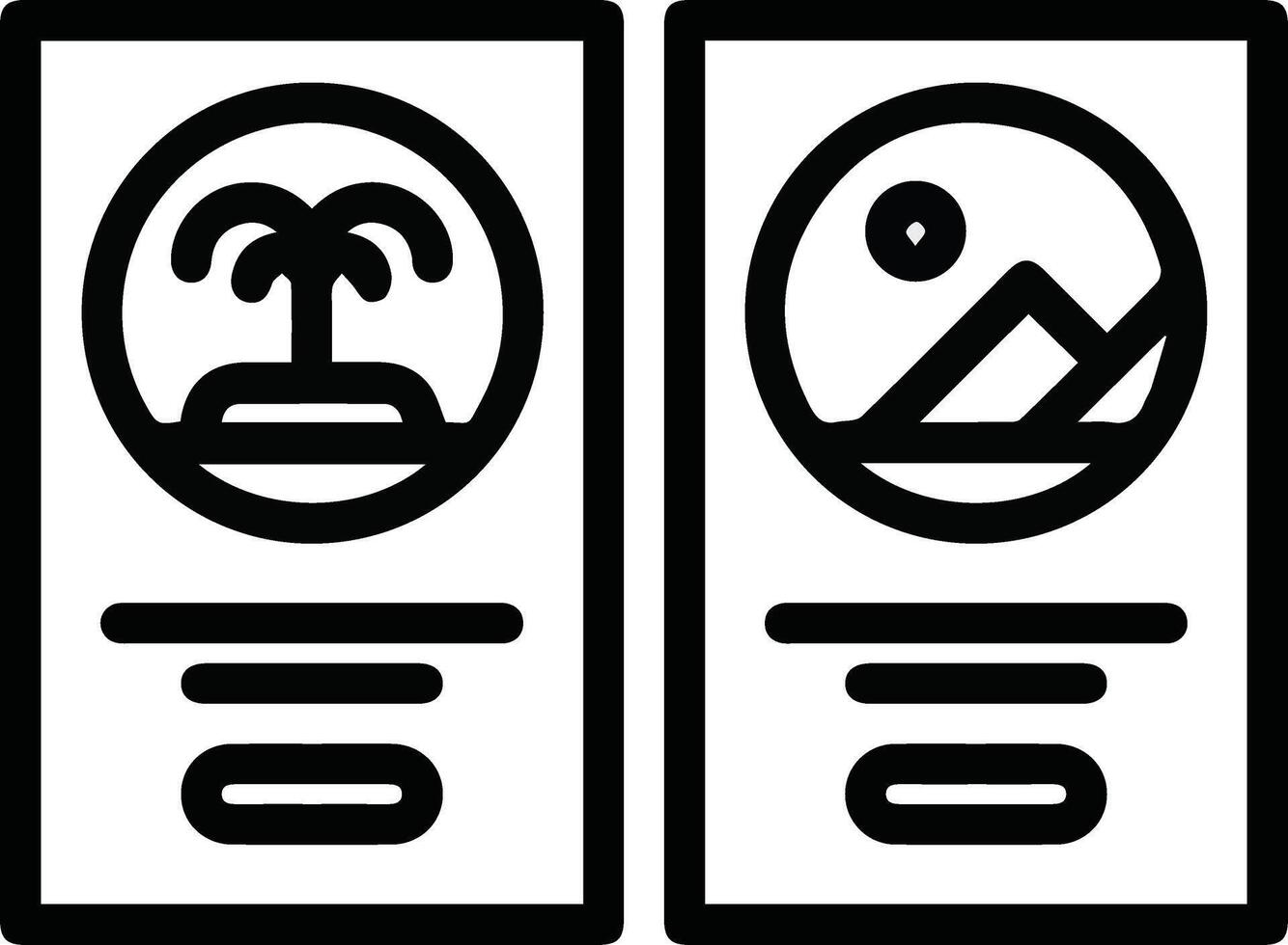two leaflet illustrations with pictures of mountains and trees outline black and white vector