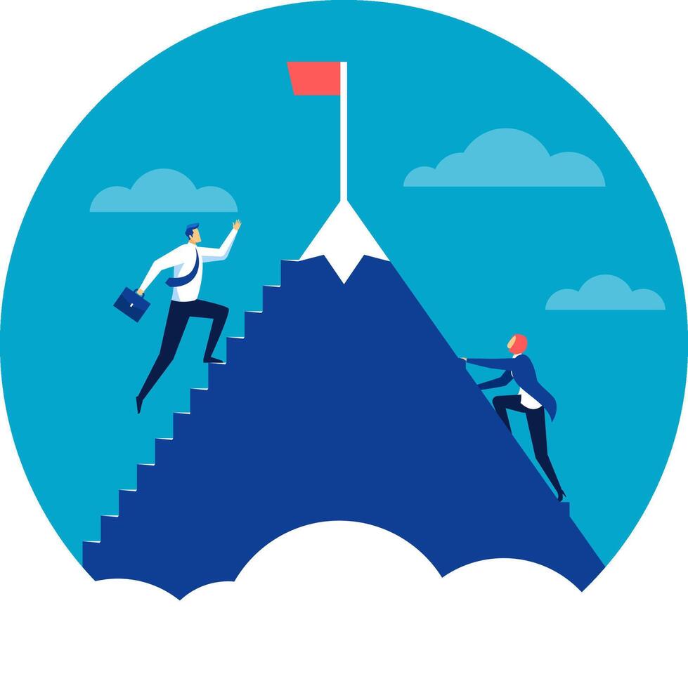 Two businessmen are taking different paths to reach the top of a mountain with a red flag, symbolizing success and different career paths in business vector
