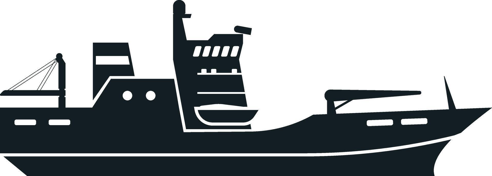 Simple black and white silhouette depicting a military patrol boat navigating the ocean, equipped with a crane, radar, and various essential maritime tools vector