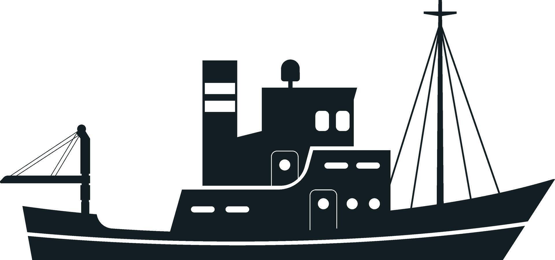 Minimalist silhouette of a fishing boat, featuring a crane, mast, and other nautical details, evokes a sense of maritime activity and seafaring adventure vector
