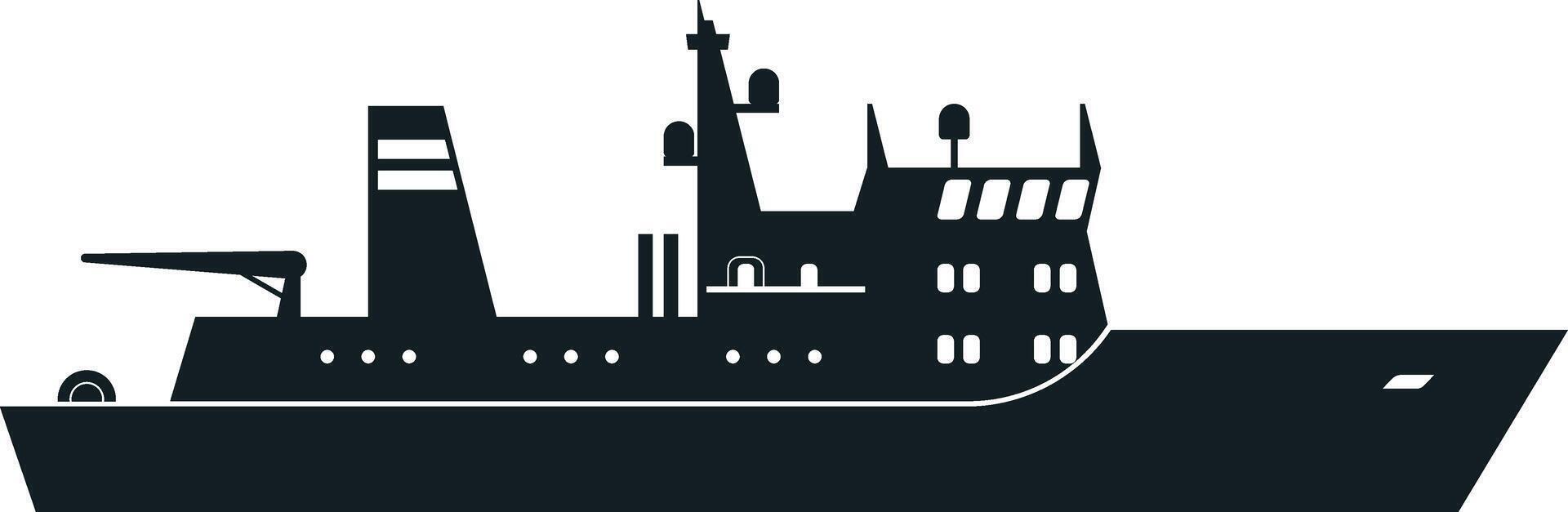 Black silhouette of a fishing boat sailing gracefully on the sea, captured in a side view against a clean white background, emphasizing its maritime essence and design simplicity vector