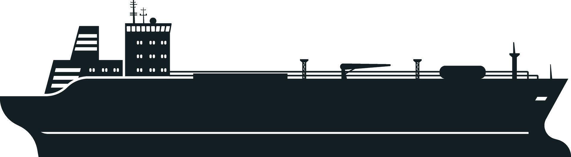 Black silhouette of a large cargo ship sailing on the ocean, featuring prominent cranes, antennas, and a command tower, conveying a sense of scale and maritime transport vector