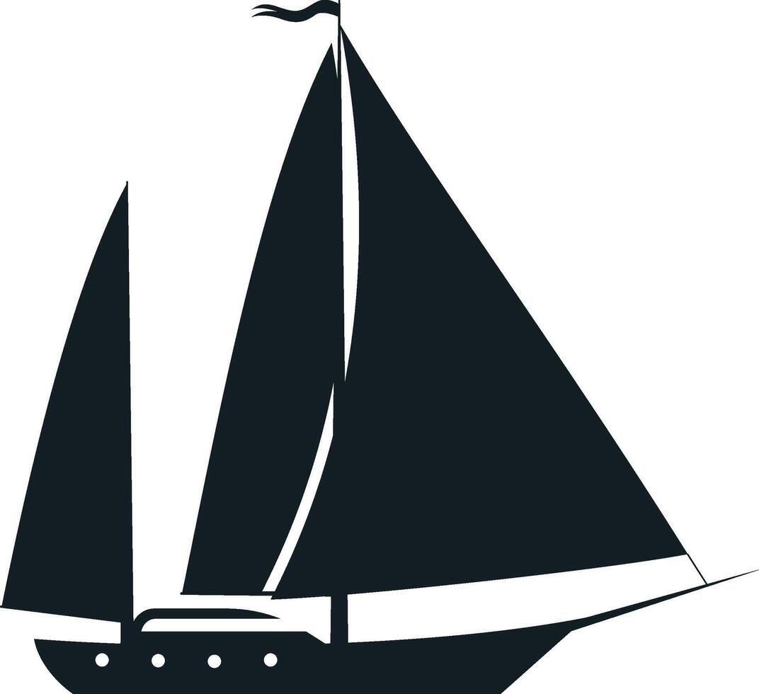 Black and white illustration featuring a sailboat gliding through the water, its black sails fully deployed and a small pennant fluttering atop the mast vector