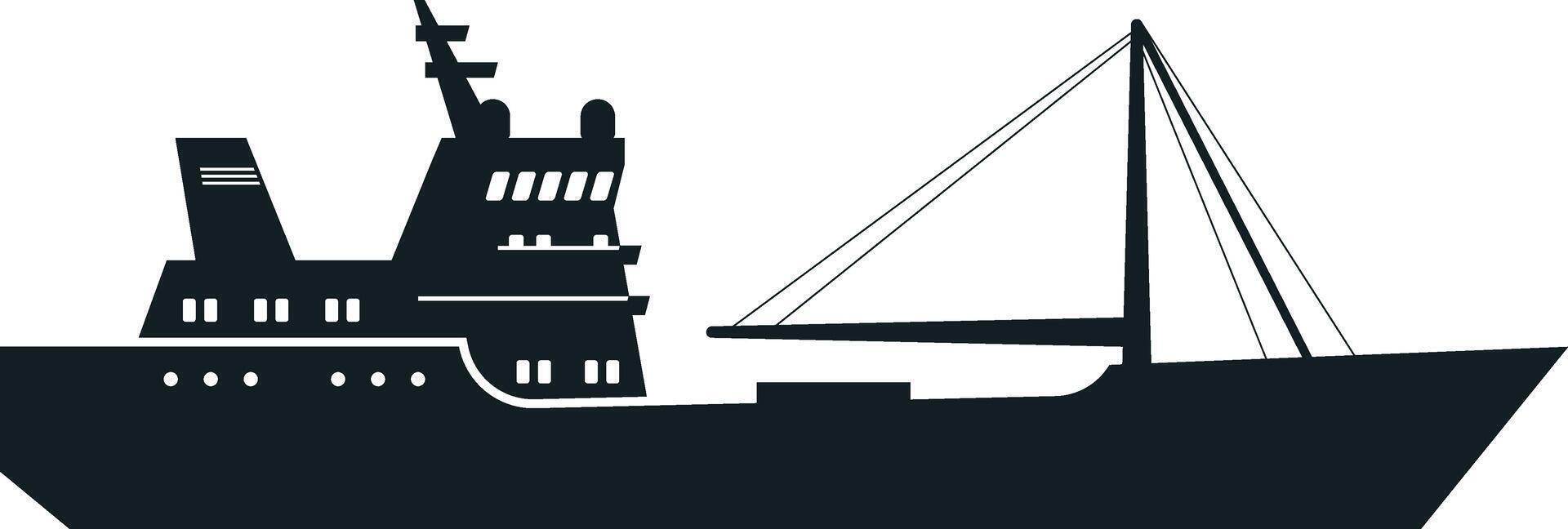 Black silhouette of a fishing boat gliding across the sea, equipped with fishing gear and ready for a productive day on the water, capturing the essence of maritime industry vector
